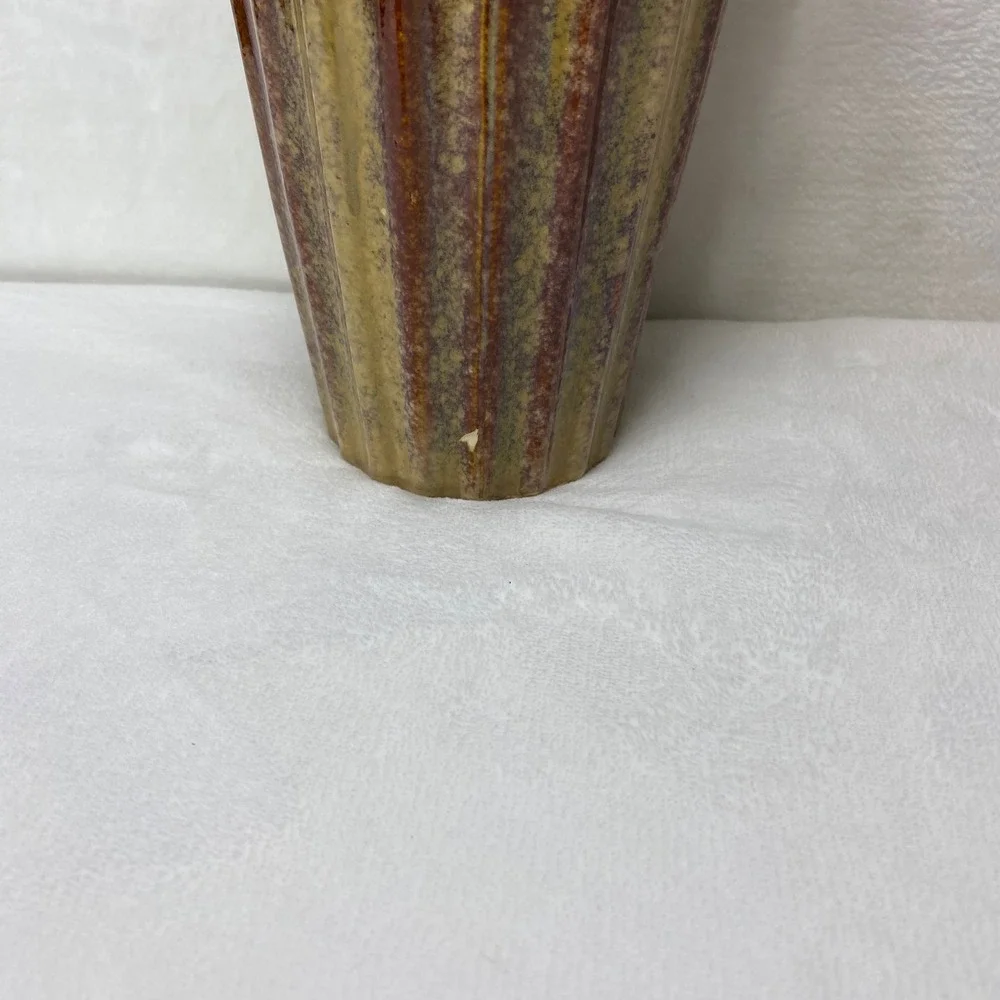 Vintage Fluted Ceramic Vase Earth Tones Striped Glaze Decorative Home Decor‎